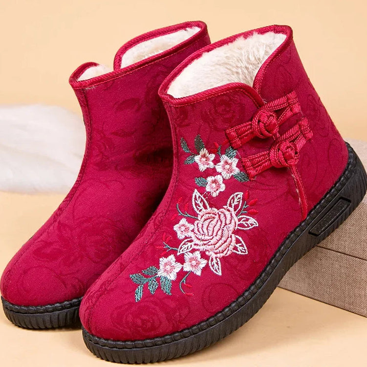 Damen Bestickte Schneestiefel – Mittelhohe Baumwollstiefel mit Kunstfell Fleece Futter | Warme Winter Schuhe für Mütter Kaufschwan®