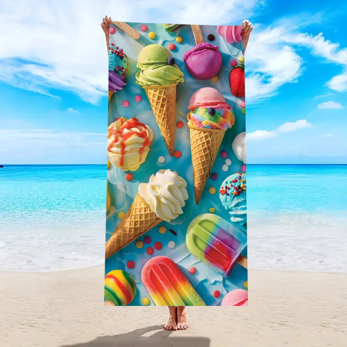 Strandtuch mit Eiscreme-Motiv – Schnell Trocknendes & Saugfähiges Mikrofaser Handtuch | Lustiges Sommer Handtuch für Reisen, Sport & Yoga Kaufschwan® Design 3 150x75cm