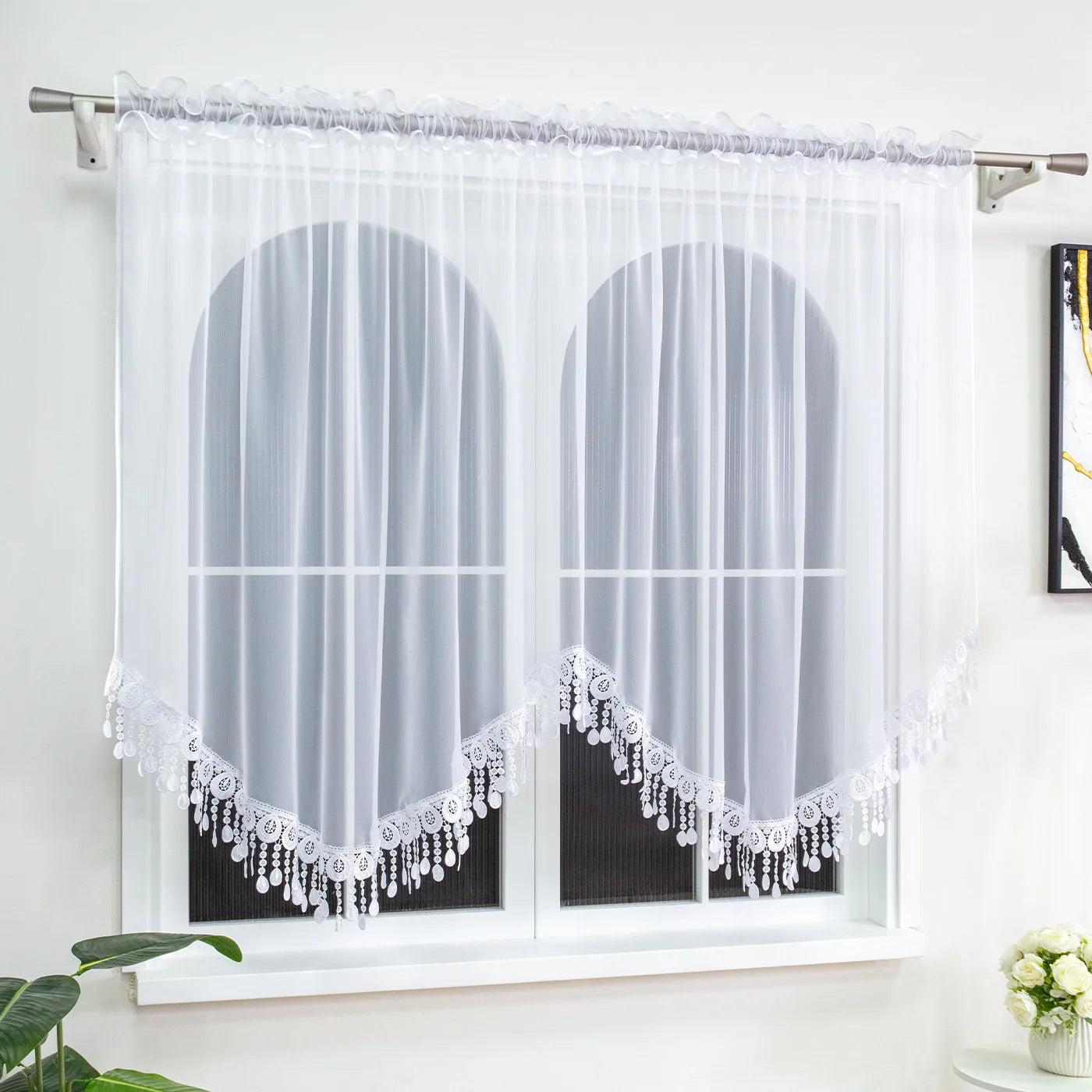 Weißer Bestickter Chiffon Vorhang für Café Wohnzimmer Hochzeit Dekoration Kaufschwan®