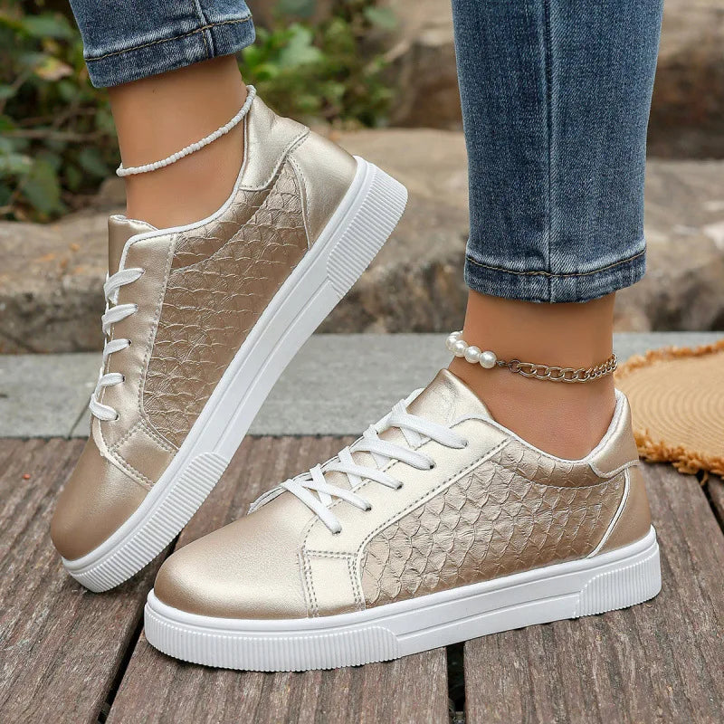Damen Sneaker in Gold & Silber | Frühling & Herbst Schnürschuhe aus Weichem PU Leder | Modische Freizeitschuhe Kaufschwan® Gold 35