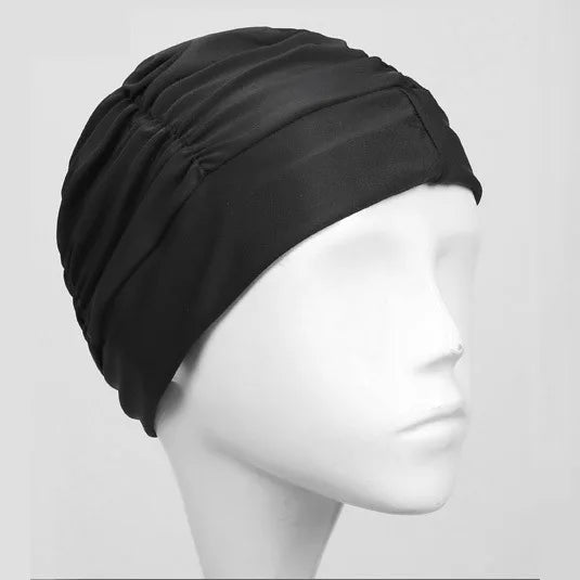 Damen Badehaube Turban Stil – Stoff Schwimmkappe | Schutz für Langes Haar & Ohren, Atmungsaktive Yoga- & Spa-Kappe in Mehreren Farben Kaufschwan® Schwarz