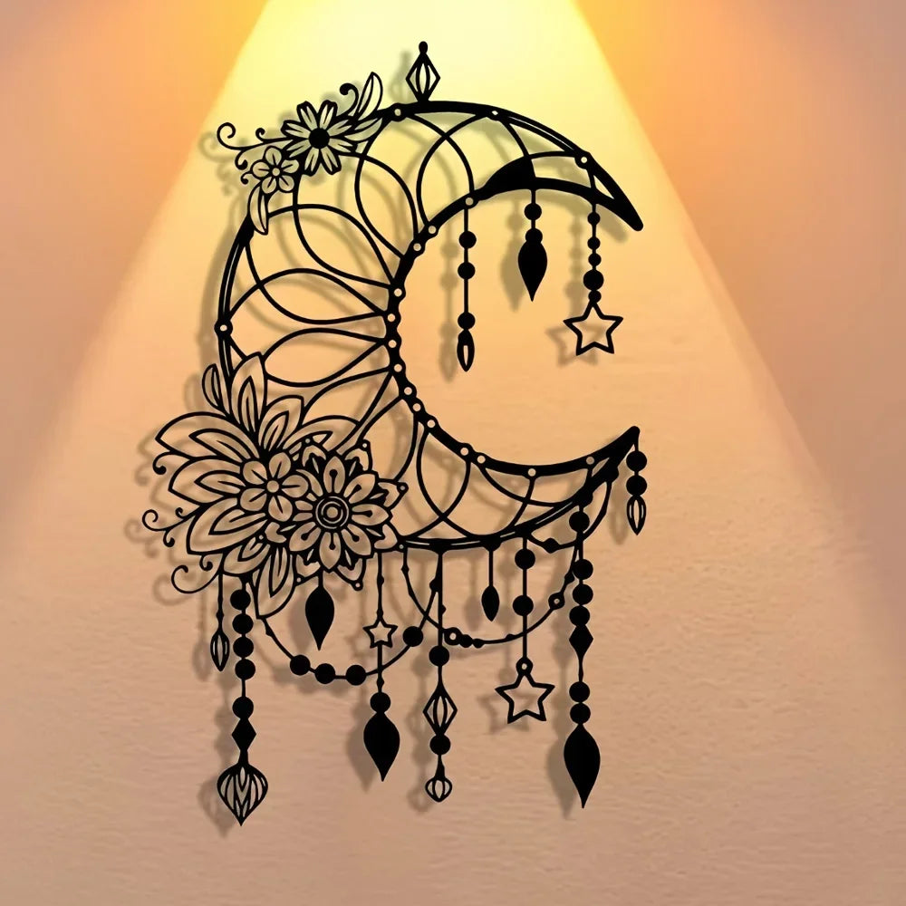 Elegantes Gothisches Mond & Blumen Metall Wandbild – Modernes Hängedekor Kaufschwan®