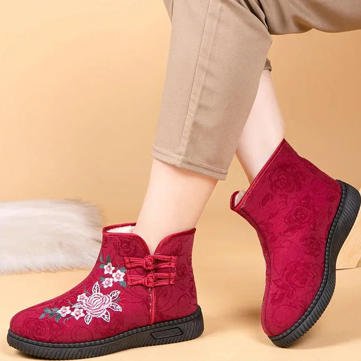 Damen Bestickte Schneestiefel – Mittelhohe Baumwollstiefel mit Kunstfell Fleece Futter | Warme Winter Schuhe für Mütter Kaufschwan®