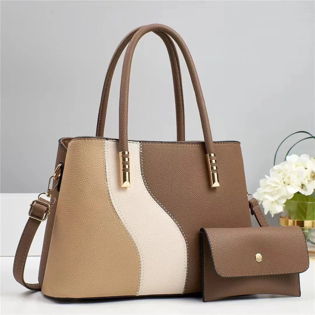Große Modische Damenhandtasche im Farbblock Design – Sommer Schulter- & Crossbody Tasche mit Weichem Polyesterfutter Kaufschwan® Braun 33cm x 13cm x 25cm