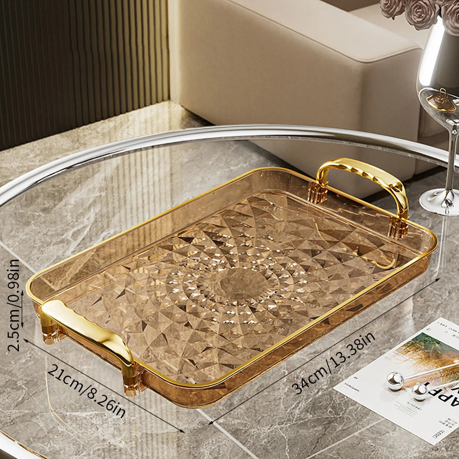 Transparentes Luxus-Serviertablett – Kunststoff Obst- & Desserttablett mit Griff, Dekoratives Aufbewahrungs- & Küchen-Organizer-Tablett Kaufschwan® Gold L