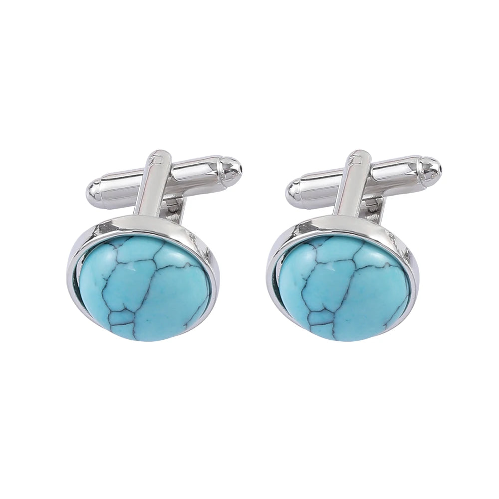 Blaue Stein Manschettenknöpfe – Elegante Unisex Schmuck Accessoires | Runde Metall Ärmelknöpfe für Anzüge & Feste Kaufschwan® Blau