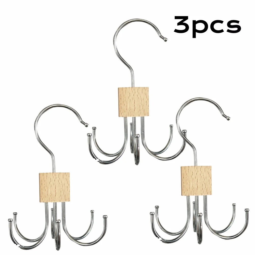 360° Drehbarer Multi Haken Kleiderbügel – Metall Gürtelhalter mit Holz Organizer für BHs und Krawatten Kaufschwan® Holz 3 Stück