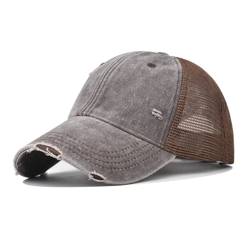Washed Cotton Mesh Baseballkappe | Vintage Ripped Leichte Baseballcap für Herren & Damen | Atmungsaktive Frühlings- & Sommermode Kaufschwan® Kaffee