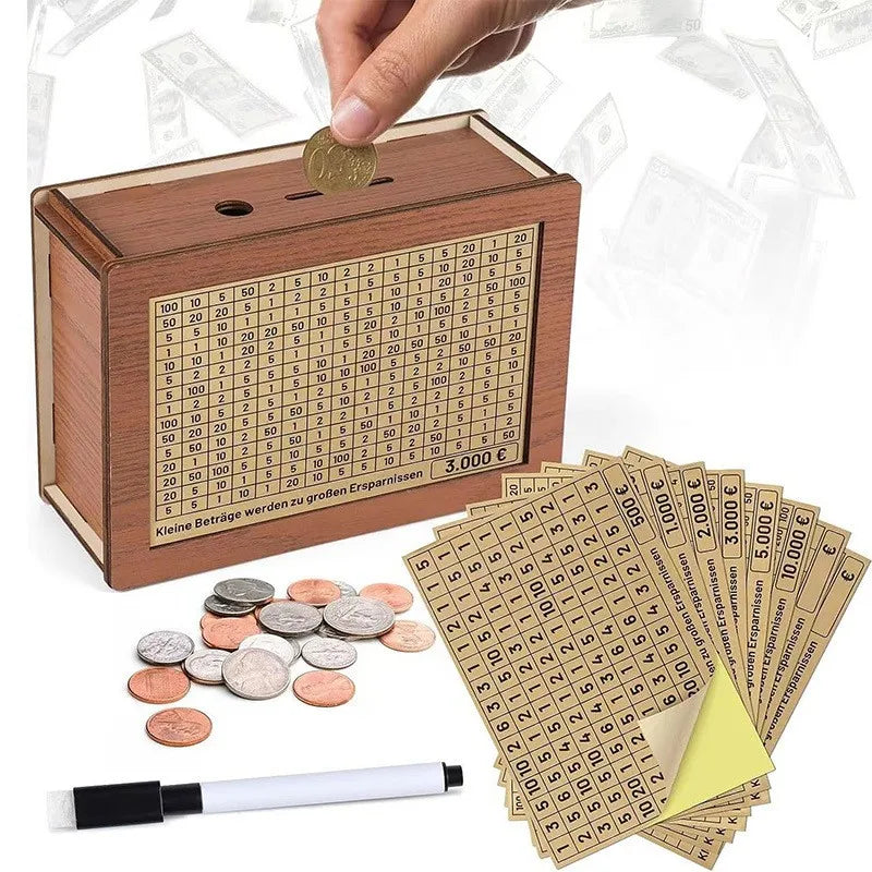 Holz Euro Sparbox – Wiederverwendbare Spardose mit Sparziel Anzeige Kaufschwan® Hellbraun Set