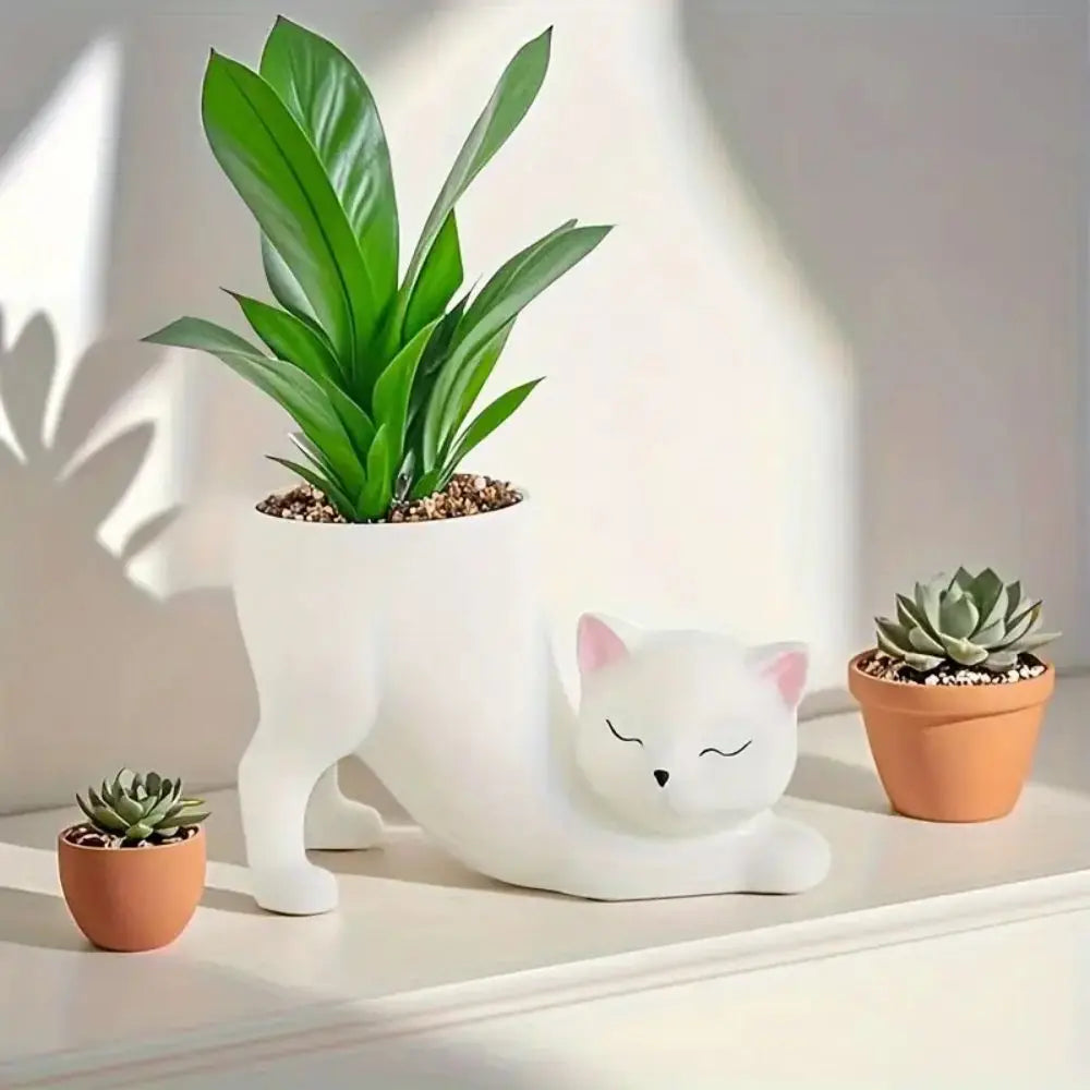 Weißer Katzen Blumentopf – Boho Stil Schlafendes Kätzchen Pflanztopf | Leicht & Langlebig für Innen- & Außenbereich Kaufschwan®
