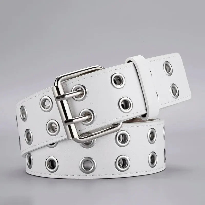 Unisex Doppel-Loch Gürtel – Punk Hip Hop Rock Stil | Trendiger Verstellbarer Gürtel für Männer & Frauen, Subkultur Modeaccessoire Kaufschwan® Weiß 110cm