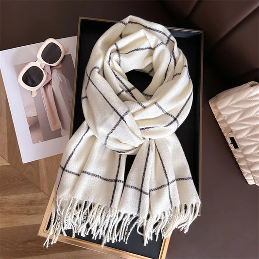 Modischer Karo Kaschmir-Imitat Schal | Luxus Pashmina Wärmeschal | Umschlagtuch, Poncho Decke mit Fransen Kaufschwan® Weiß
