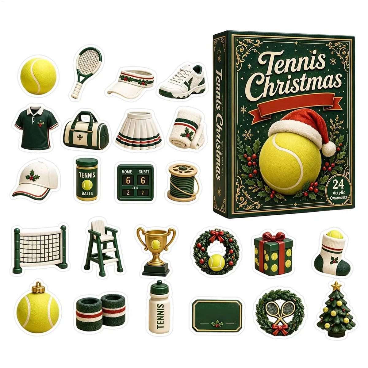 Tennis-Adventskalender – 24-Tage-Weihnachtskalender mit 2D-Tennisanhängern aus Acryl für Festtage & Geburtstage