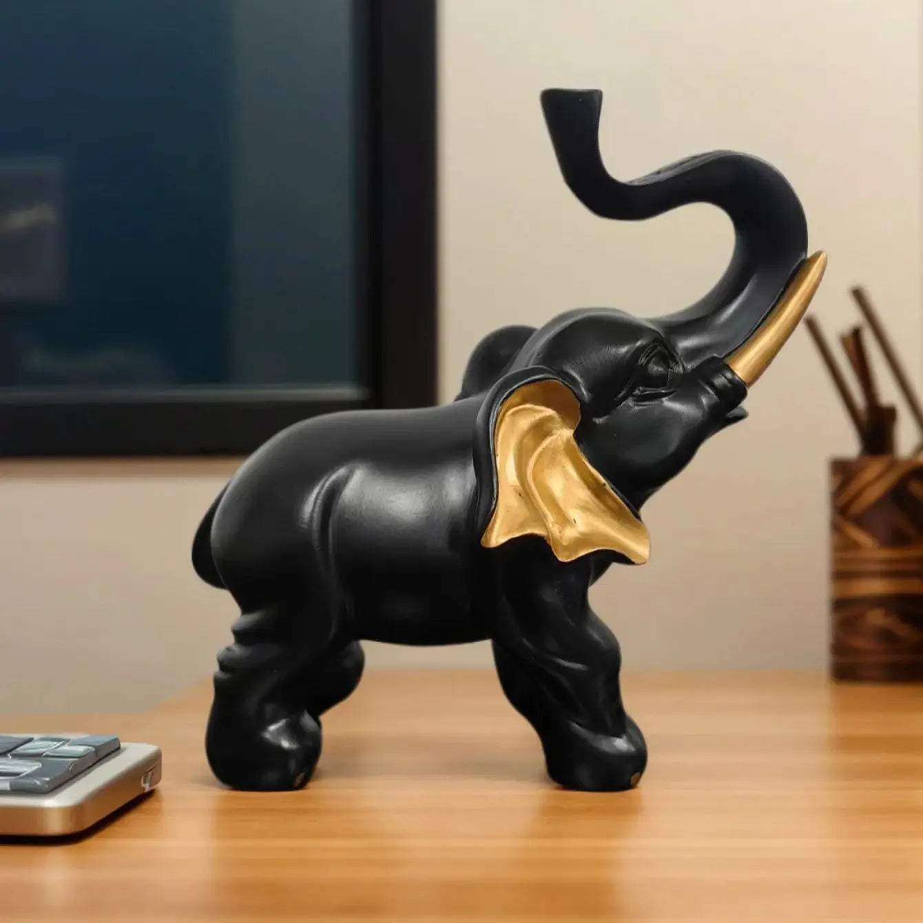 Schwarz-Gold Elefanten Statue – Luxuriöse Kunst-Dekoration für Wohnzimmer und Schreibtisch Kaufschwan®