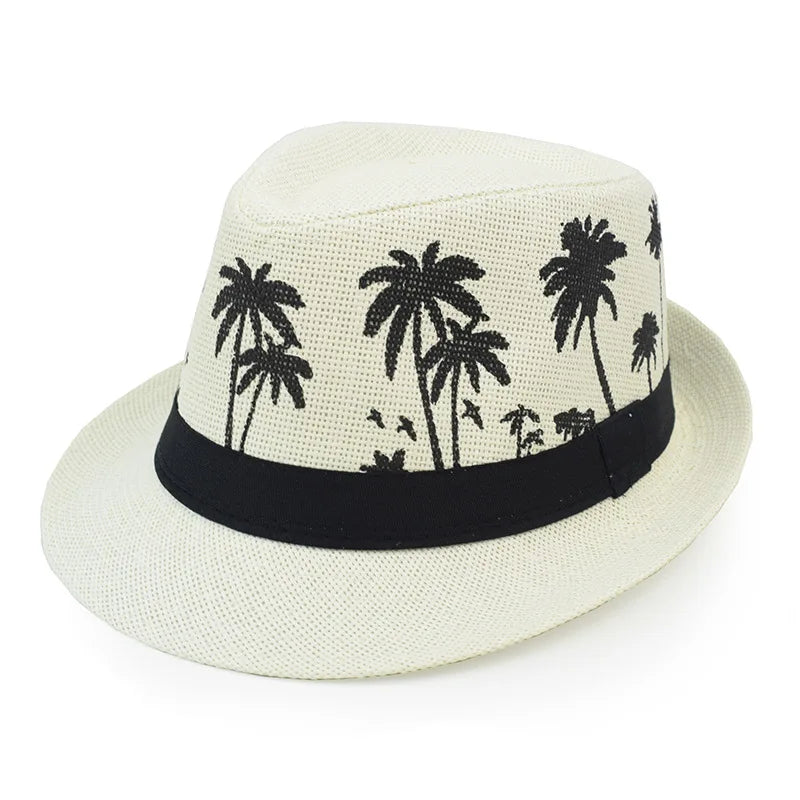 Sommer Strohhut – Herren & Damen, Kokosbaum-Muster, Outdoor Atmungsaktiv, Tropischer Jazz Fedora, Panama Hut Kaufschwan® Cremefarben