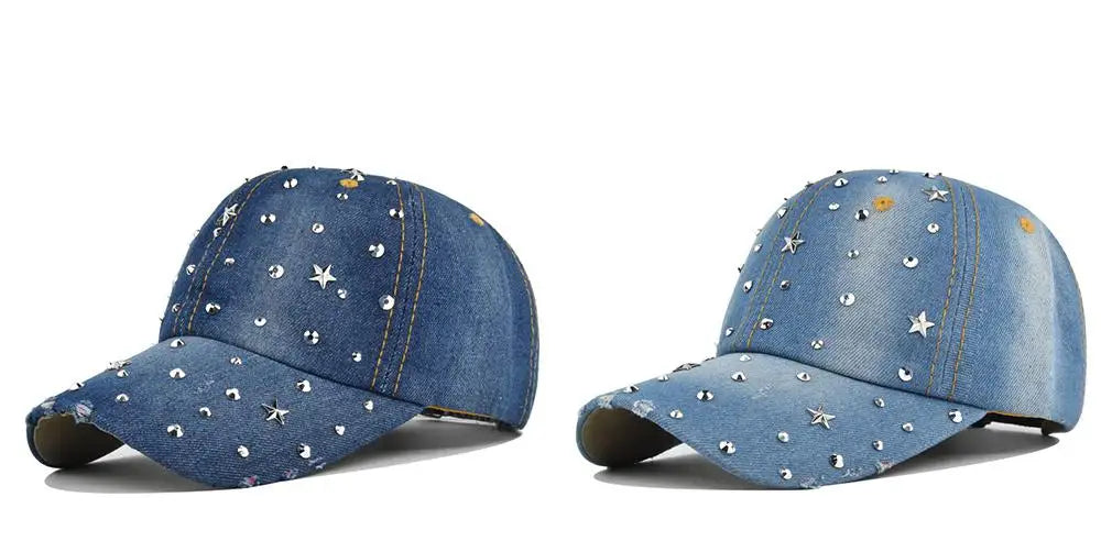 Denim Baseballkappe Damen | Vintage-Cap mit Rivet Star | Snapback Baseballcap für Damen & Herren | Sommer Outdoor Freizeit Kaufschwan®