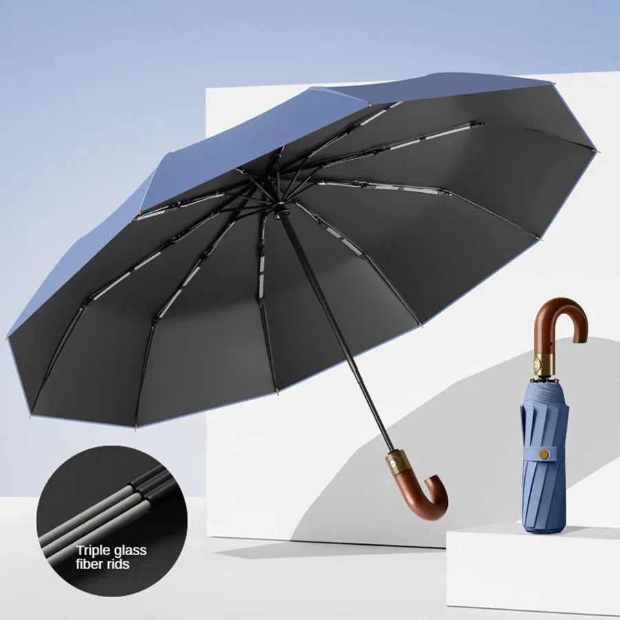 Winddichter UV-Schutzschirm UPF50+ – Automatischer Kompakter Regen- & Sonnenschirm mit Stilvollem Gebogenem Griff Kaufschwan® Marineblau