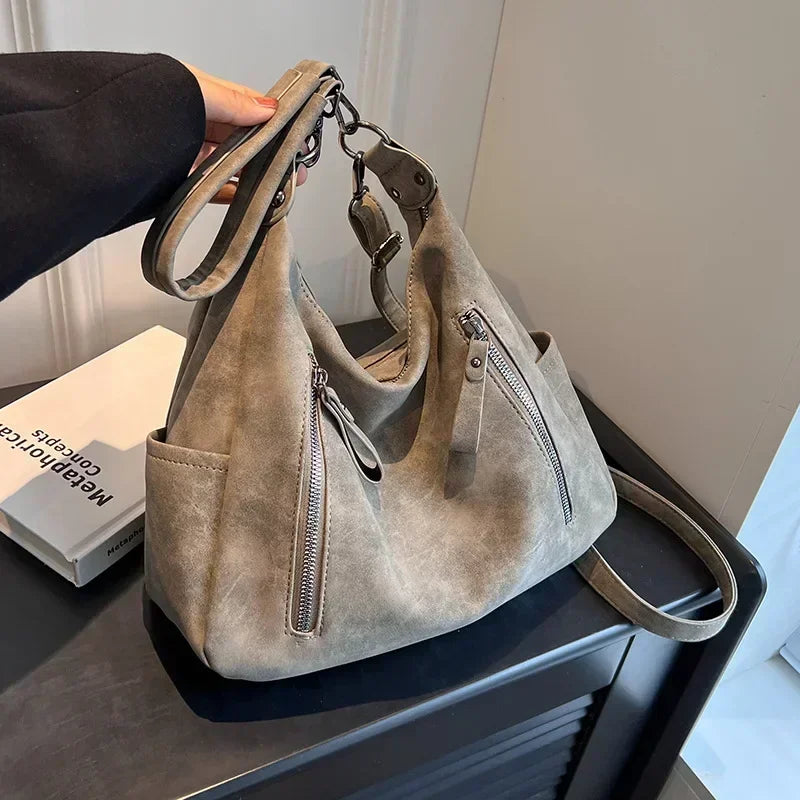 Damen Crossbody Tasche Luxus Designer – Schräge Umhängetasche & Schultertasche | Große Retro Hobo Tasche aus Mattem PU Leder Kaufschwan® Grau