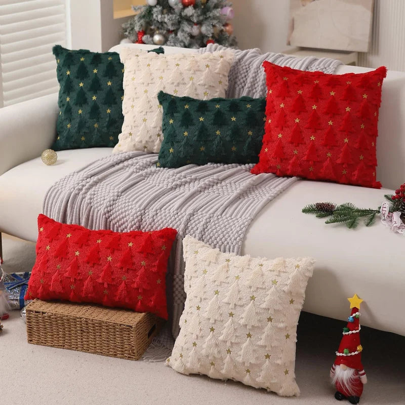 45x45cm Weihnachts Kissenbezug – Gestepptes Plüsch Design | Stern & Tannenbaum Motiv Sofakissen Bezug für Wohnzimmer Deko Kaufschwan®