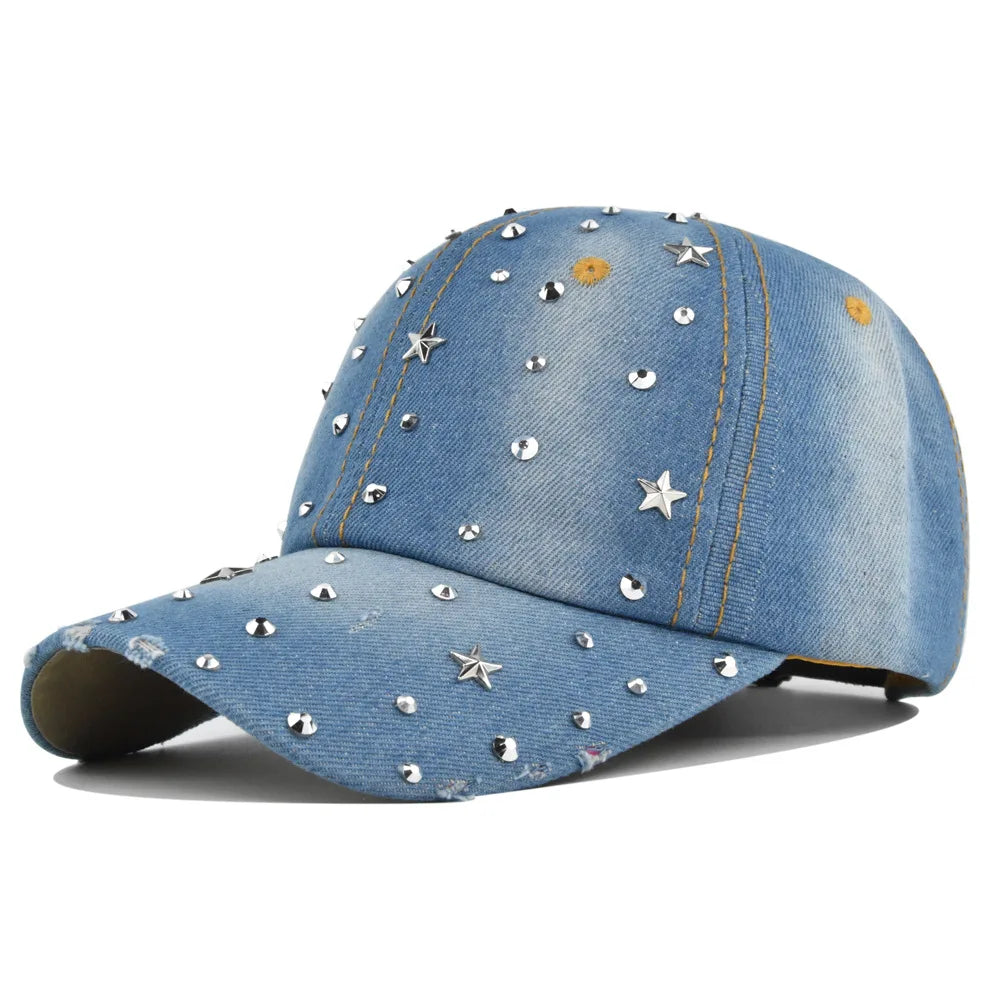 Denim Baseballkappe Damen | Vintage-Cap mit Rivet Star | Snapback Baseballcap für Damen & Herren | Sommer Outdoor Freizeit Kaufschwan®