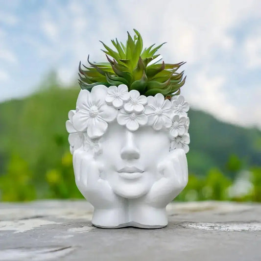 Kreativer Blumentopf mit Frauen Gesicht – Flower Girl Resin Pflanztopf | Moderne Desktop Kunst Skulptur für Garten & Wohndeko Kaufschwan® Weiß