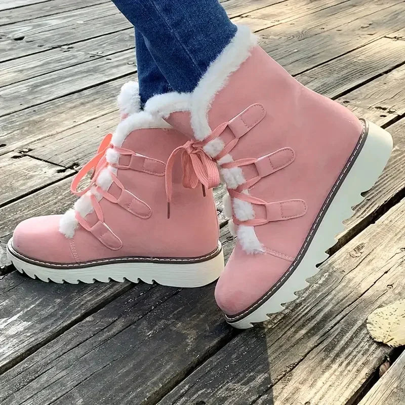 Damen Winter Schneestiefel – Wasserdichte Mittelhohe Schnürstiefel | Wärmeisolierte Outdoor Schuhe mit Kunstfell Futter & Rutschfester Sohle Kaufschwan®