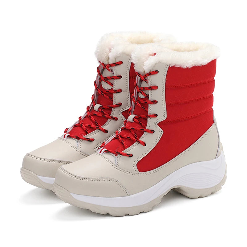 Damen Schneestiefel – Winter Plateau Schuhe | Warme Kunstfell Gefütterte Flache Stiefel für Damen | Bequeme Winter Schuhe Kaufschwan® Rot 35