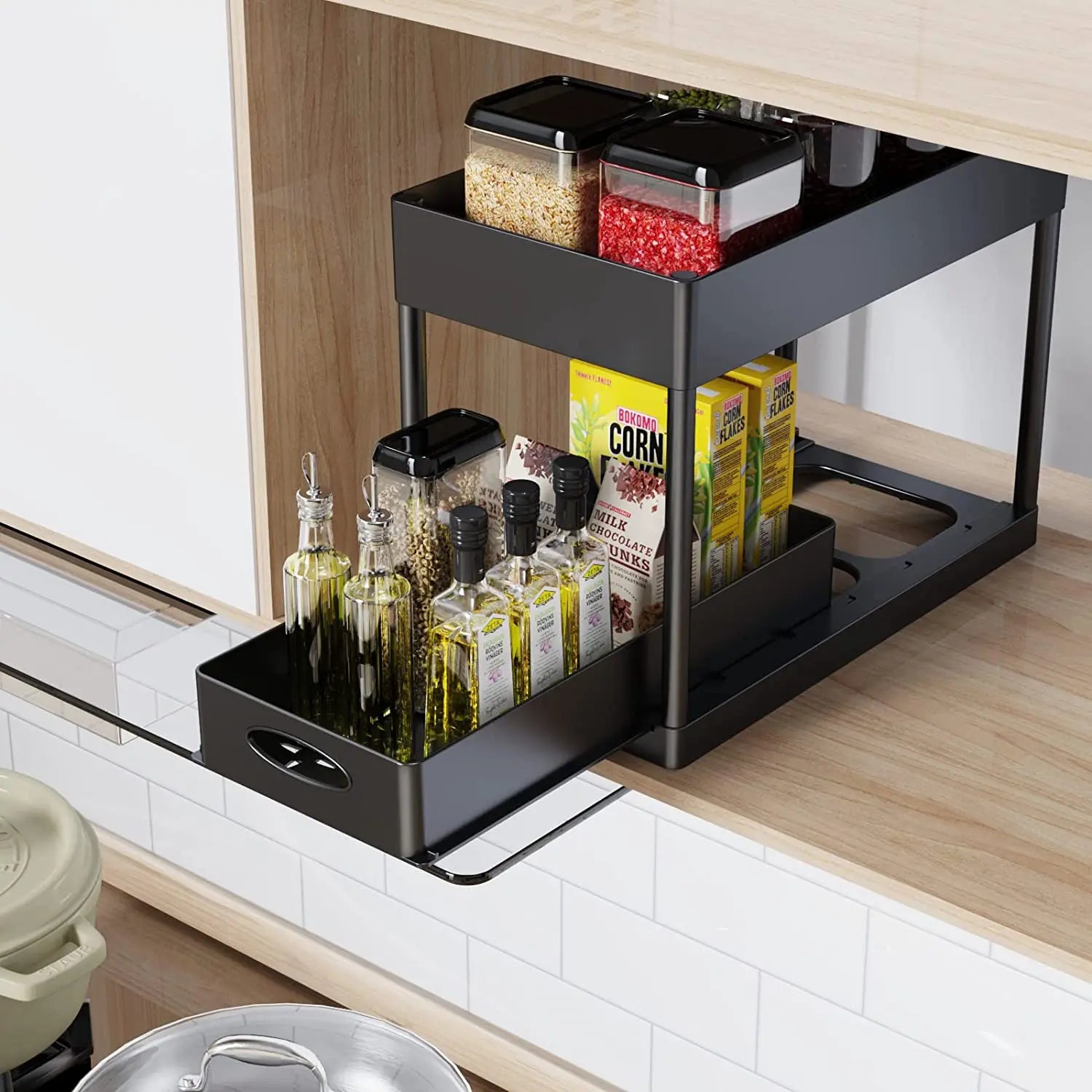 2-stufiger Unter-Spülbecken Organizer – Schiebbares Schrankregal mit Körben, Haken & Becher | Bad & Küchen Aufbewahrung Kaufschwan®