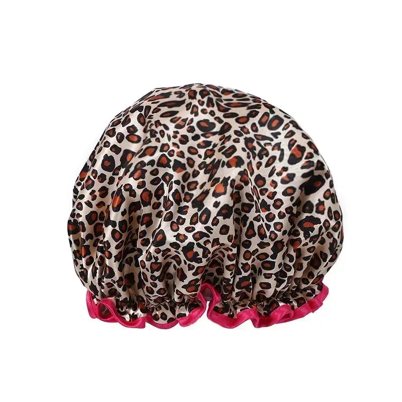 Wasserdichte Duschhaube mit Leopardenmuster – Wiederverwendbare Doppellagige Haarhaube mit Elastischem Rand
