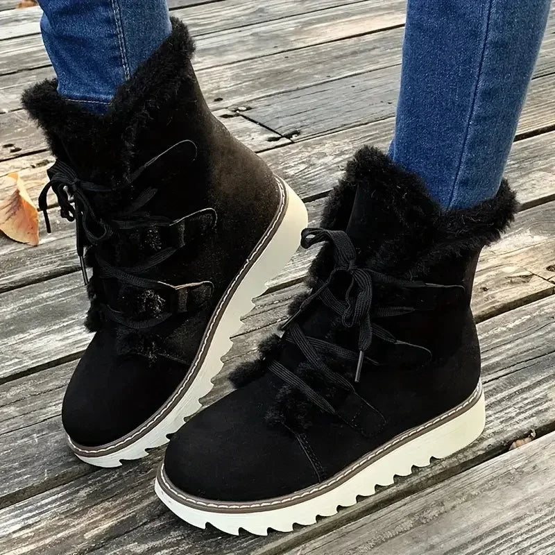 Damen Winter Schneestiefel – Wasserdichte Mittelhohe Schnürstiefel | Wärmeisolierte Outdoor Schuhe mit Kunstfell Futter & Rutschfester Sohle Kaufschwan® Schwarz 36