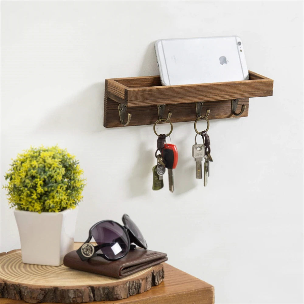 Schlüsselhalter aus Holz mit Ablage – Rustikaler Wand Organizer | Schwimmendes Regal mit 4 Metallhaken für Schlüssel, Leine, Sonnenbrille & Deko Kaufschwan®