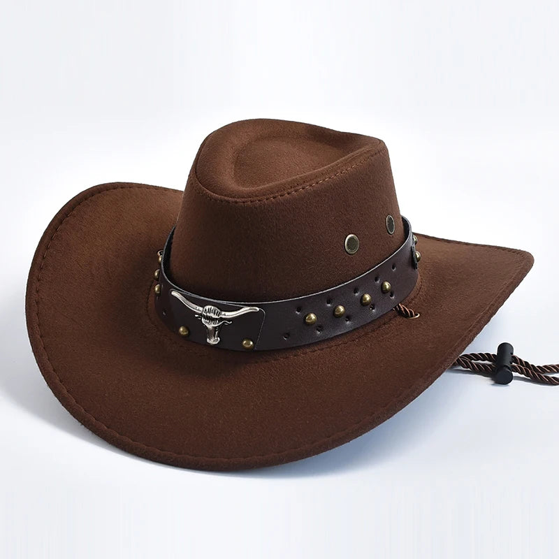 Künstlicher Wildleder Western Cowboy Hut – Vintage Großkrempe Gentleman & Cowgirl Jazz Hut, Feiertage, Party & Cosplay Kaufschwan® Kaffeebraun 56-58cm
