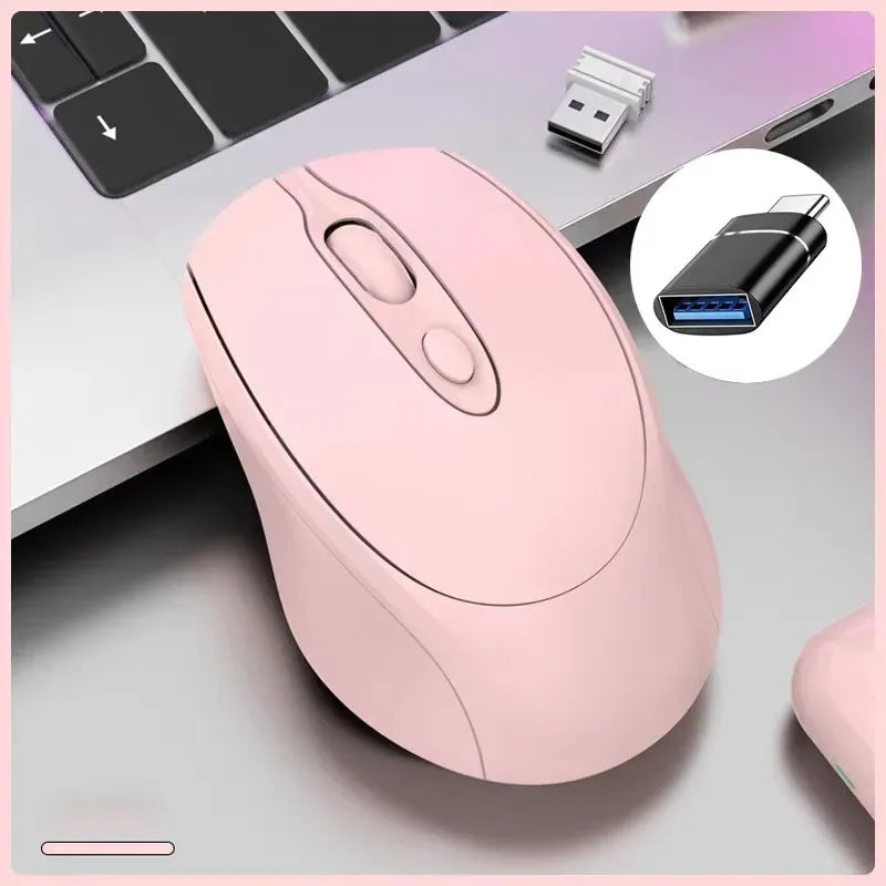 Bluetooth-Kompatible 2.4G Wiederaufladbare Kabellose Maus – Leise USB Gamer Maus für PC, Laptop, MacBook & Tablet Kaufschwan® Pink mit USB-C Adapter