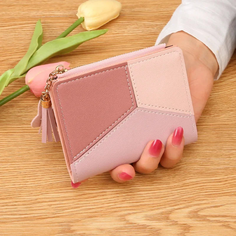 Damen Kurzgeldbörse im Patchwork Design – Leder Geldtasche mit Reißverschluss | Multifunktionale Kartenbörse & Mini Clutch Kaufschwan® Pink