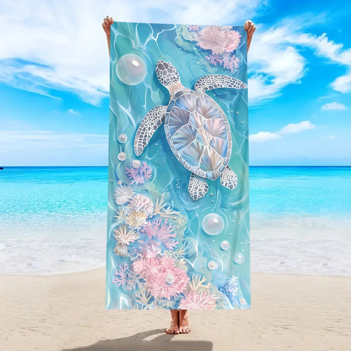 Großes Strandtuch mit Ozean-Motiv – Schildkröte, Seestern & Muschel Print | Schnell Trocknendes Saugfähiges Mikrofaser Strandtuch Kaufschwan® Design 1 150x75cm
