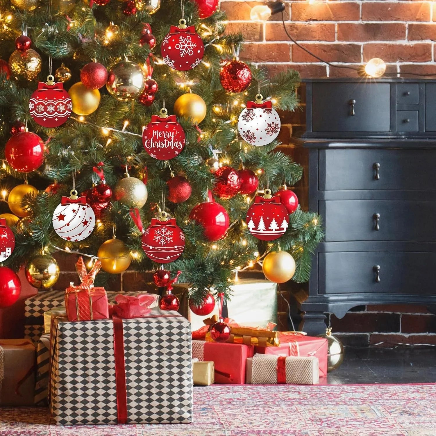 12 Stück Holz Weihnachtskugeln – Festliche Anhänger Deko Set | Weihnachts- & Neujahrsdekoration für Zuhause oder Party Kaufschwan®