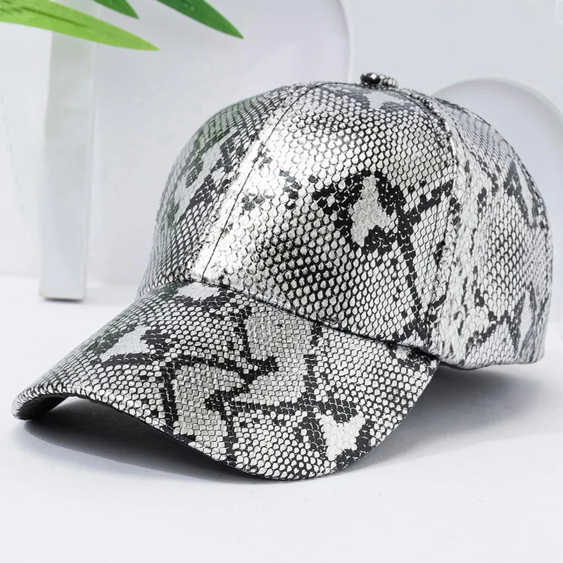 Snake Print PU Leder Baseballkappe | Verstellbarer Hip-Hop Street Dance Baseballcap | Leicht & Sonnenschutz für Outdoor-Aktivitäten Kaufschwan® Silber Einstellbar