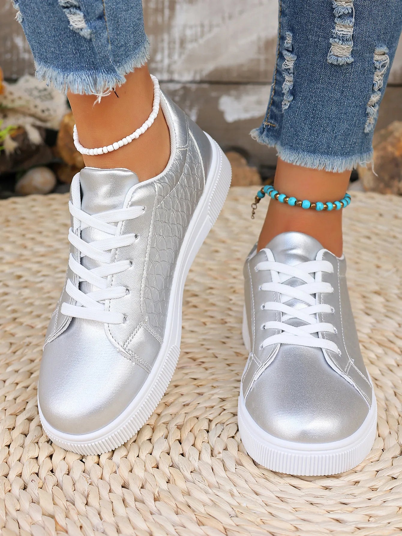 Damen Sneaker in Gold & Silber | Frühling & Herbst Schnürschuhe aus Weichem PU Leder | Modische Freizeitschuhe Kaufschwan®
