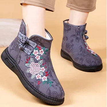 Damen Bestickte Schneestiefel – Mittelhohe Baumwollstiefel mit Kunstfell Fleece Futter | Warme Winter Schuhe für Mütter Kaufschwan®