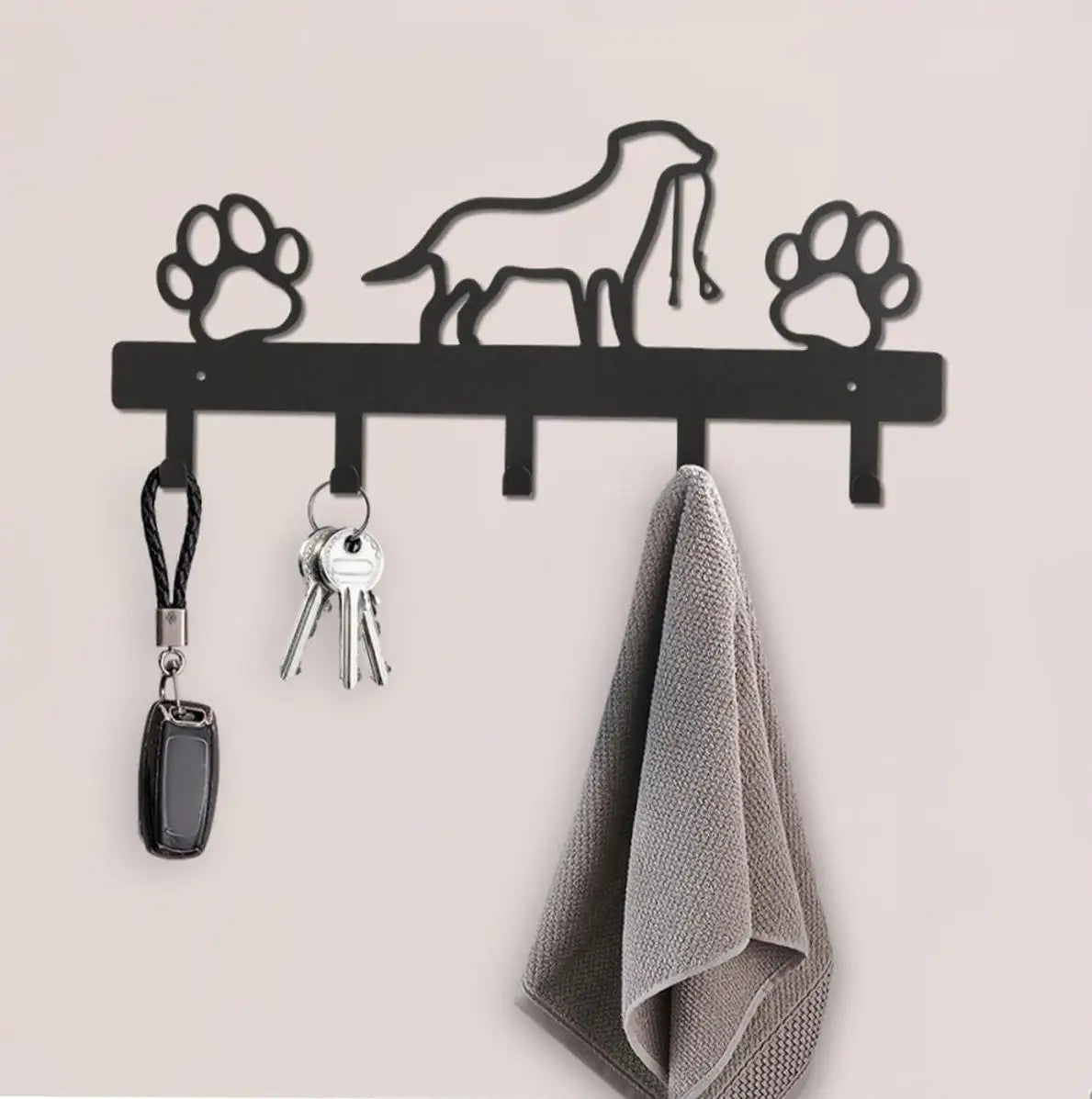 Metall Wandhaken mit Pfotenmotiv – Hundehalter mit 5 Haken | Wandorganizer aus Eisenkunst für Schlüssel, Leinen & Jacken Kaufschwan®