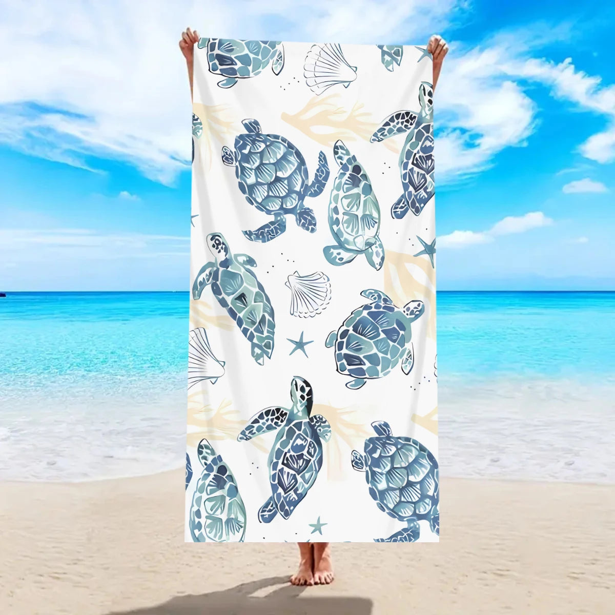 Großes Strandtuch mit Ozean-Motiv – Schildkröte, Seestern & Muschel Print | Schnell Trocknendes Saugfähiges Mikrofaser Strandtuch Kaufschwan® Design 3 150x75cm