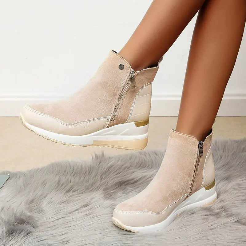 Damen Winterstiefel – Modische Plateau Knöchelstiefel | Kunstfell Keilabsatz Schneestiefel für Damen & Mädchen Kaufschwan® Beige 35