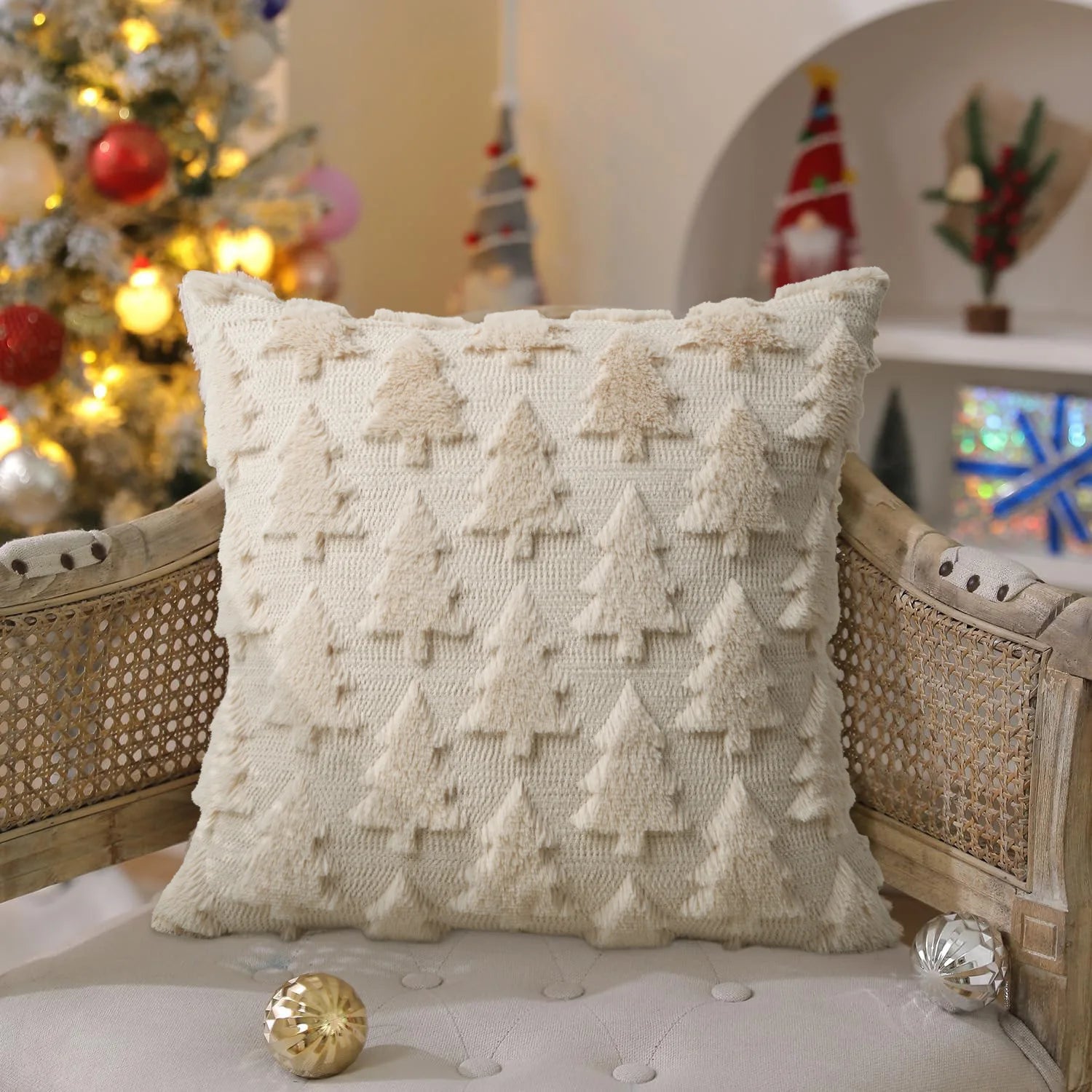 45x45cm Weihnachts Kissenbezug – Gestepptes Plüsch Design | Stern & Tannenbaum Motiv Sofakissen Bezug für Wohnzimmer Deko Kaufschwan®