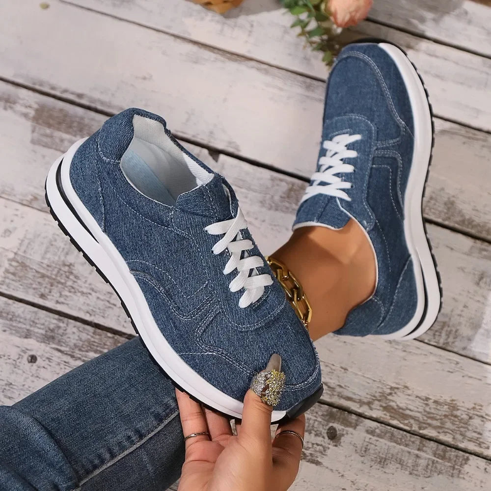 Blaue Damen Plateau-Sneaker – Modische Schnürschuhe mit Dicker Sohle | Bequeme Freizeit-Sneaker in Übergrößen bis 43 Kaufschwan®