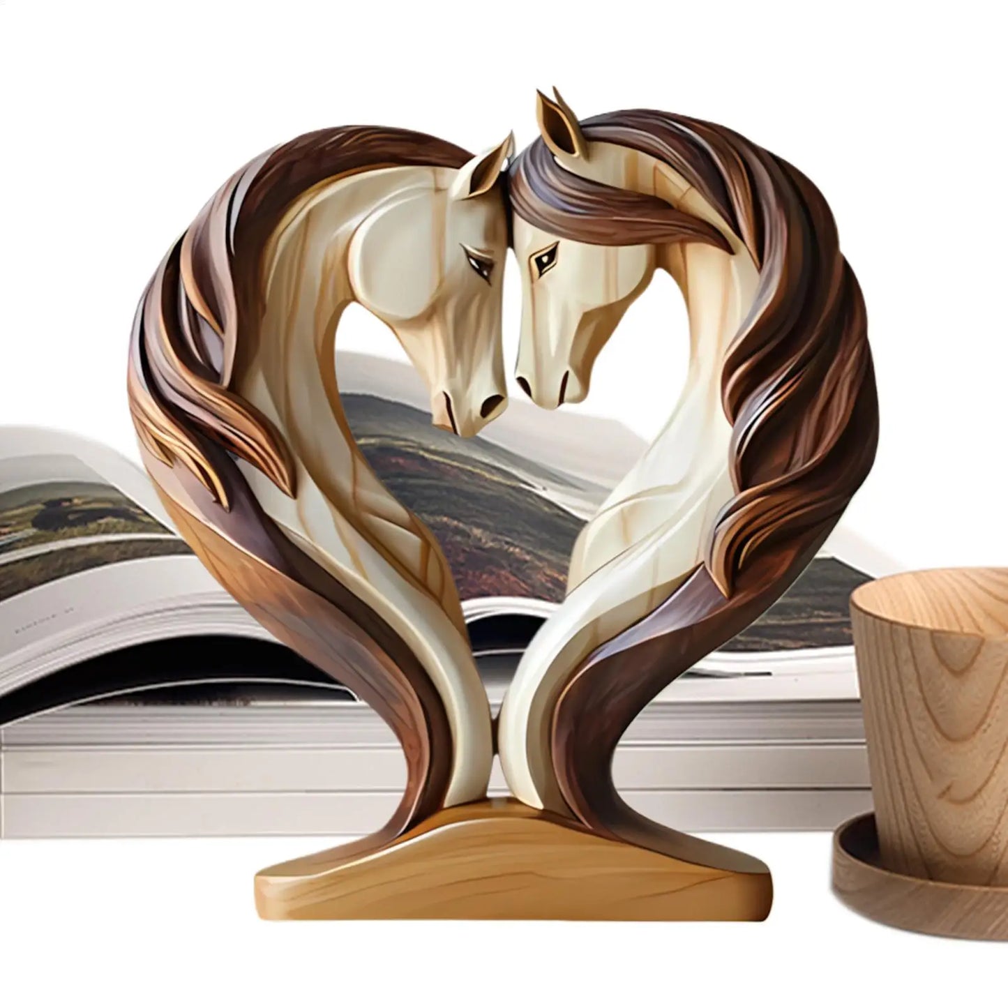 2D Holz Pferde Skulptur – Tierornament in Kuschelpose für Tisch, Arbeitsplatz, Zuhause und Kinderzimmer Kaufschwan®