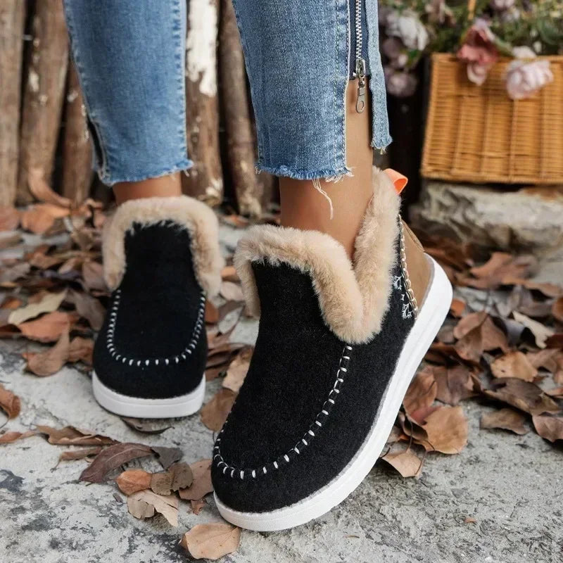 Damen Winterstiefel – Runde Zehenform Schneestiefel mit Kunstfell Futter | Flache Kurzschaft Stiefel mit Warmem Fleece für Damen Kaufschwan®