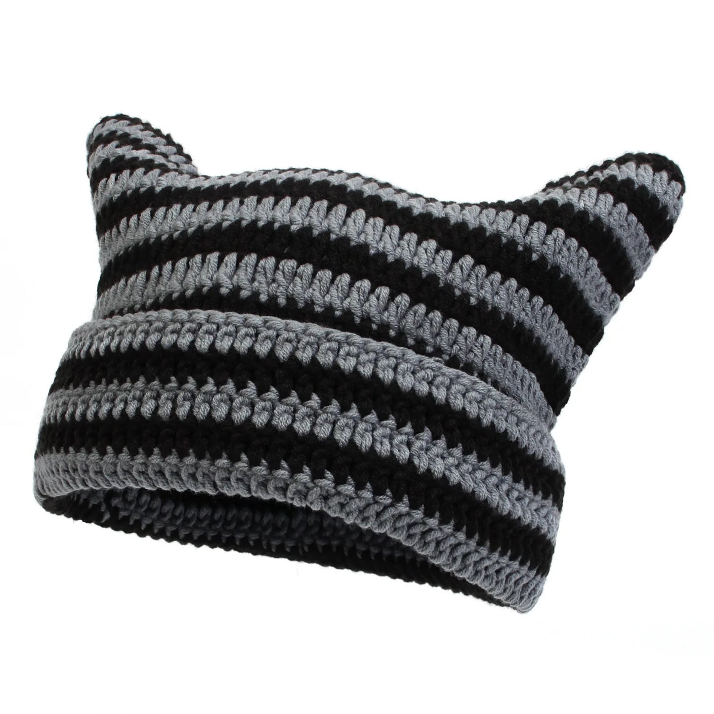 Häkelmütze mit Katzenohren – Weiche Acryl Wintermütze für Damen | Gestreifte Warme Beanie Mütze Geschenk Kaufschwan® Schwarz - Grau