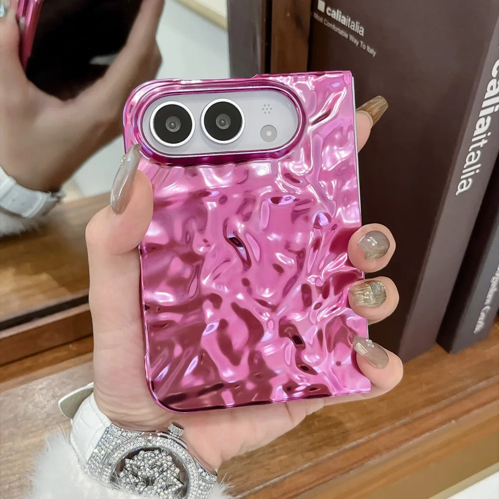 Chrom Schutzhülle mit Wasserwellenstruktur für iPhone Duo – Farbige Hart-PC-Hülle mit Stoß- und Scharnierschutz Kaufschwan® Pink iPhone Duo