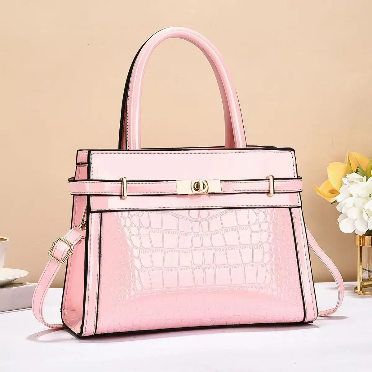 Stilvolle Damenhandtasche mit Kroko Muster – Große Mom Bag | Trendige PU Leder Pendler Schultertasche Kaufschwan® Rosa