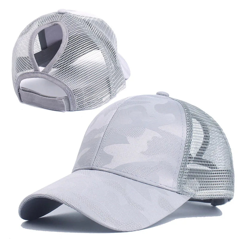 Sommer Camouflage Damen Zopf Cap | Damen Snapback Baseballkappe | Messy Hair Bun & Ponytail Freundlich Kaufschwan® Grau